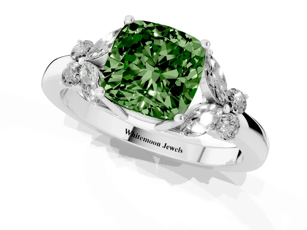 Fancy Green Cushion Cut Cut Solitaire Floral Diamond Ring with Four-Prong Setting Silver