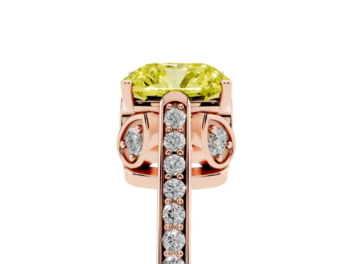 Fancy Yellow Cushion Cut Cut Cathedral Pave Diamond Engagement Ring with Six-Prong Setting Rose gold