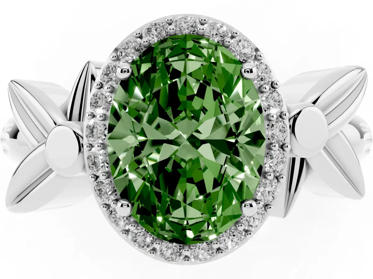 Fancy Green Oval Cut Halo Diamond Floral Band with Four-Prong Setting White gold