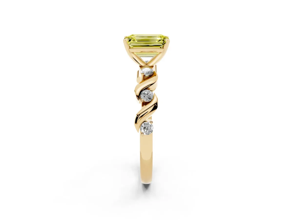 Fancy Yellow Emerald Cut Diamond Solitaire Twisted Band with Round Accents and Prong Setting Yellow gold