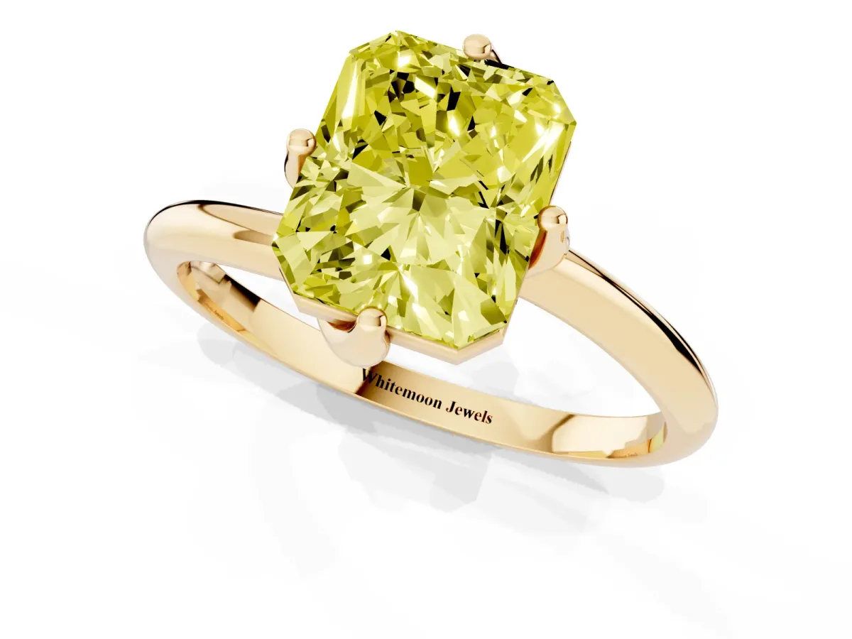 Fancy Yellow Radiant Cut Diamond Solitaire Engagement Ring with Four-Prong Setting and Classic Band Yellow gold