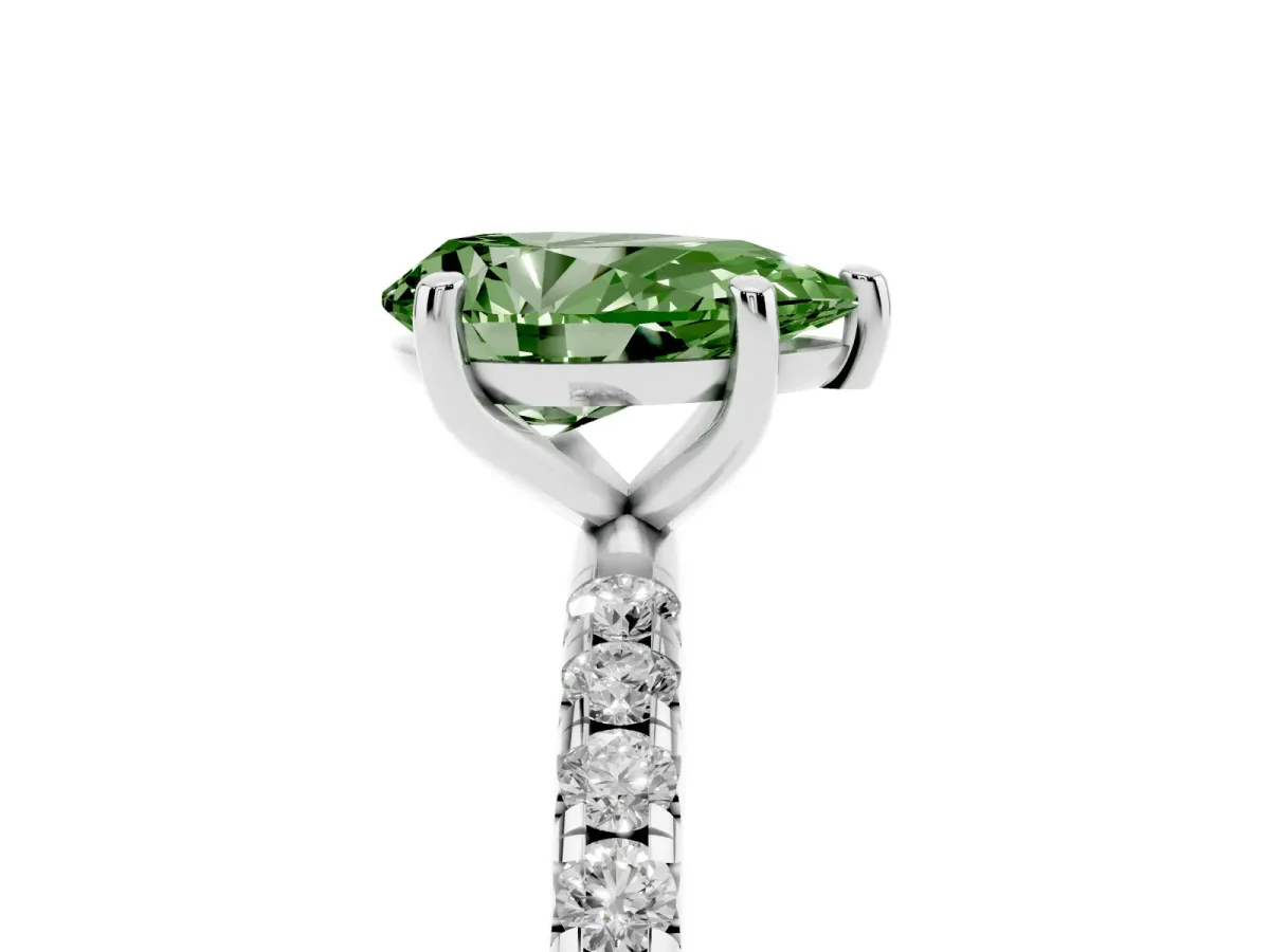 Fancy Green Pear Cut Cut Diamond Solitaire Ring with Micro Pave Band and Four Prong Setting Silver