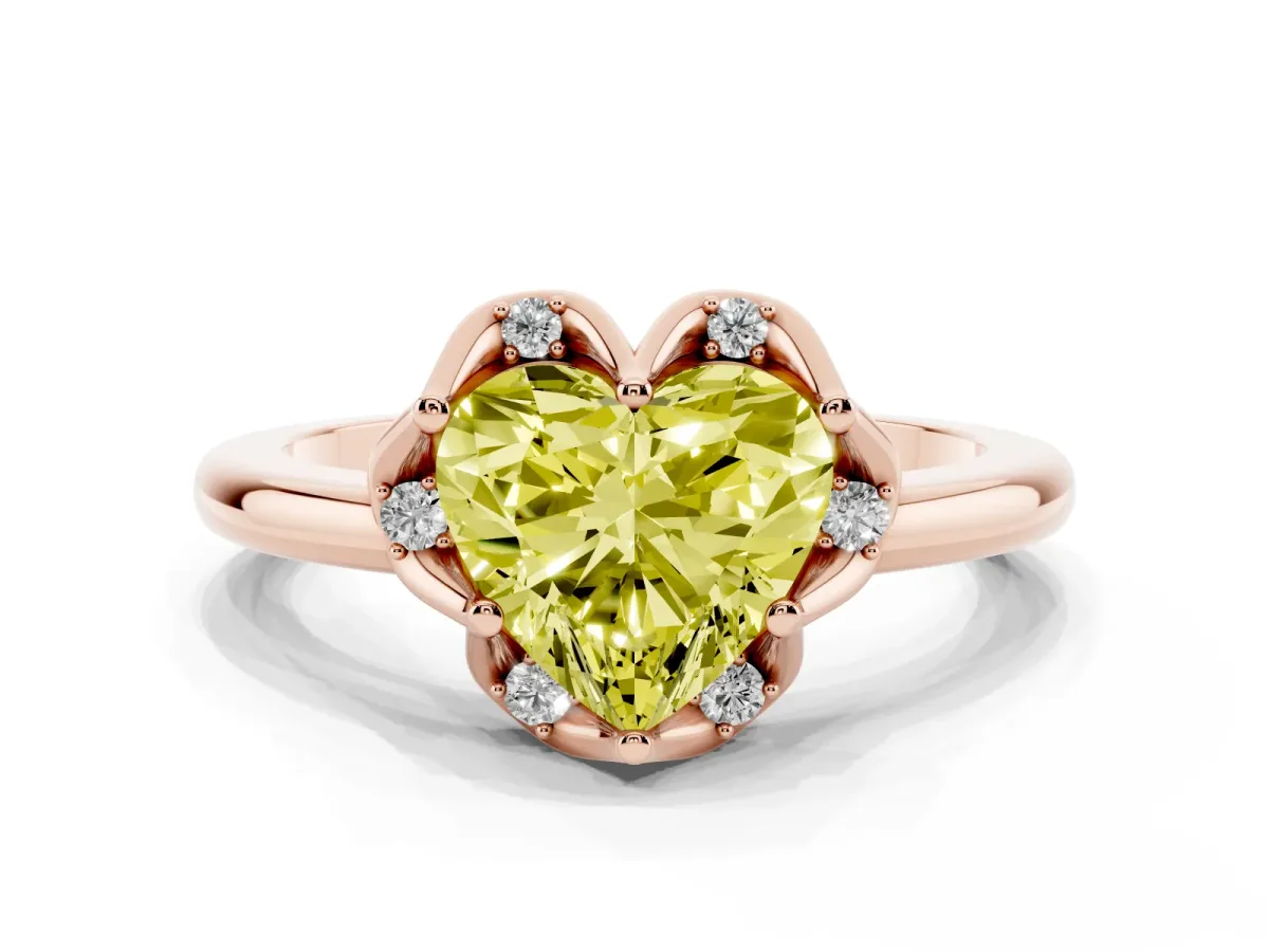Fancy Yellow Heart Cut Halo Diamond Ring with Round Cluster Setting, Solitaire Band, and Four-Prong Setting Rose gold