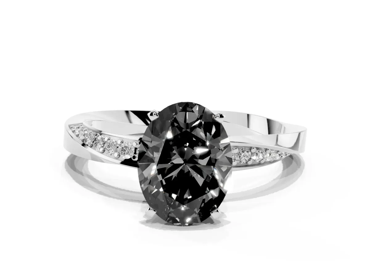 Fancy Black Oval Cut Diamond Engagement Ring with Side Stone Accents and Four-Prong Setting Platinum