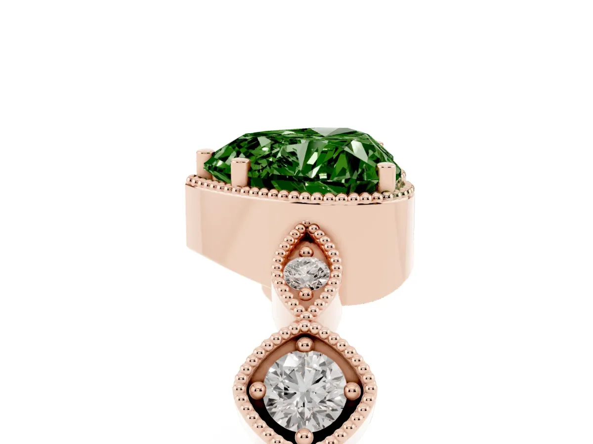Fancy Green Heart Cut Diamond Vintage Milgrain Ring with Round Stations Rose gold