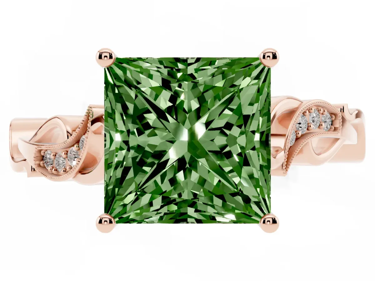Fancy Green Princess Cut Solitaire Vine Band with Milgrain Prong Setting Rose gold