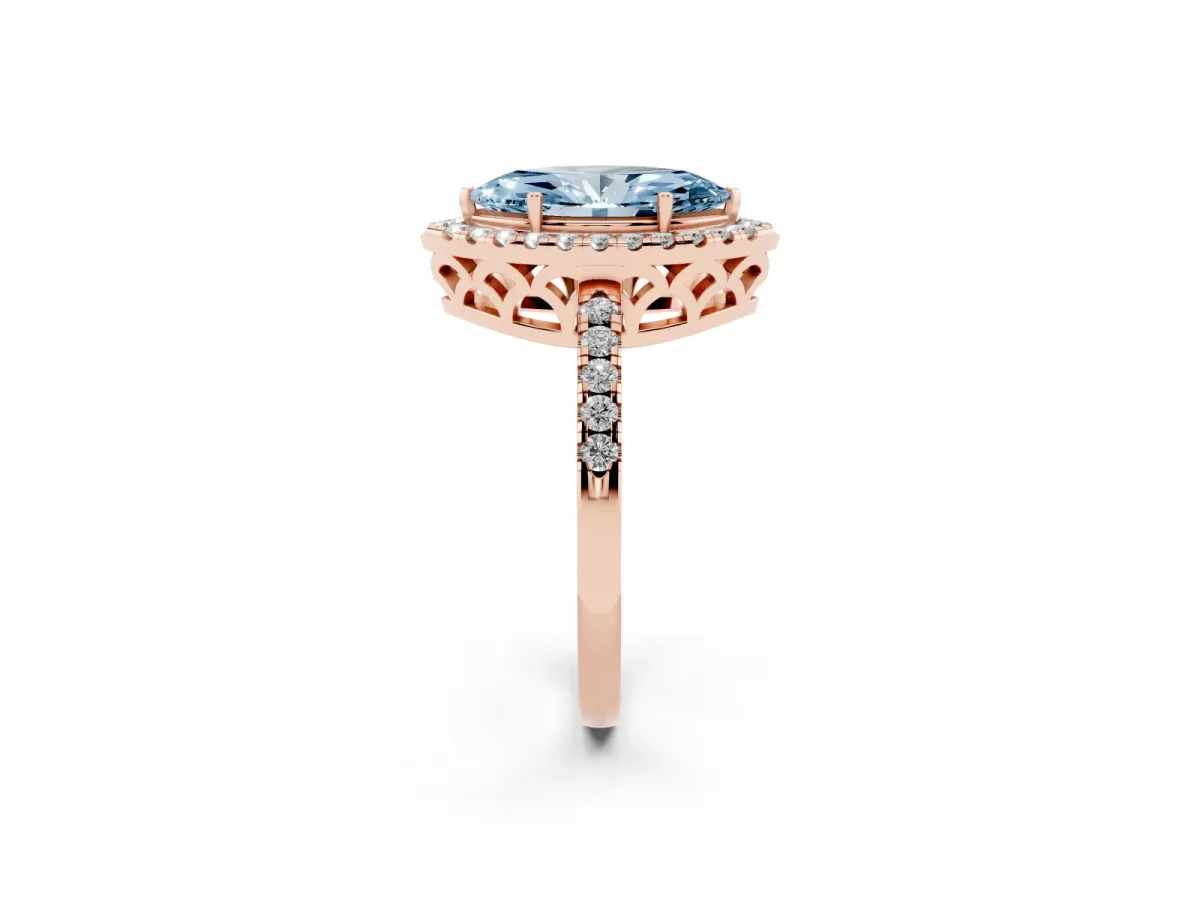 Fancy Blue Marquise Cut Halo Diamond Engagement Ring with Pavé Band and Four-Prong Setting Rose gold