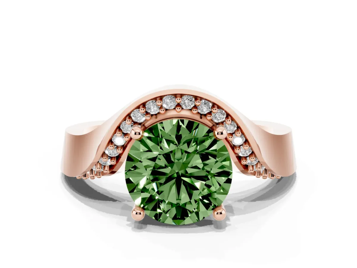 Fancy Green Round Cut Solitaire Diamond Engagement Ring with Pave Band and Four-Prong Setting Rose gold