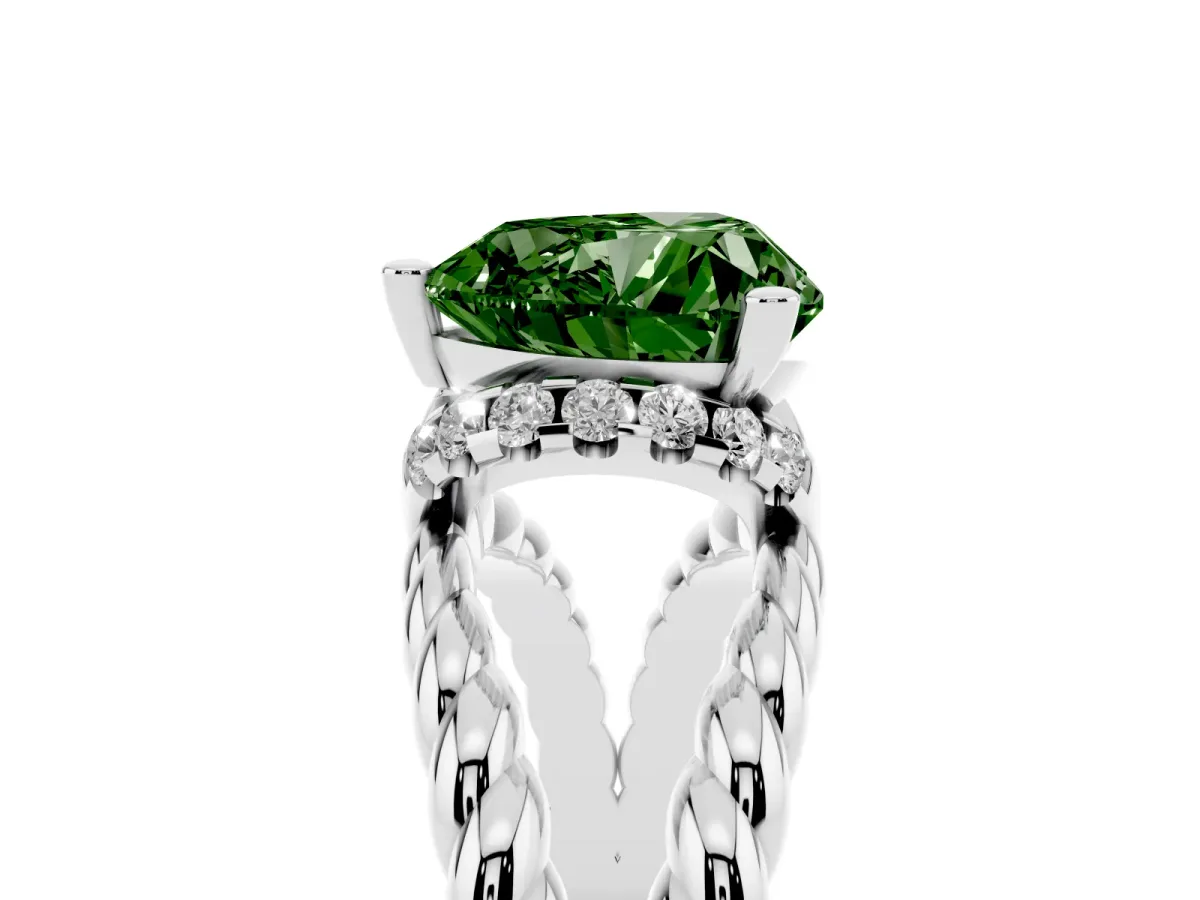 Fancy Green Heart Cut Halo Twisted Band Four-Prong Ring Silver
