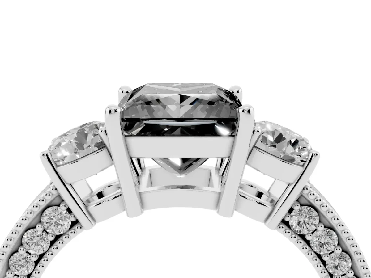 Fancy Black Princess Cut Three-Stone Diamond Ring with Pavé Band and Four-Prong Setting Silver