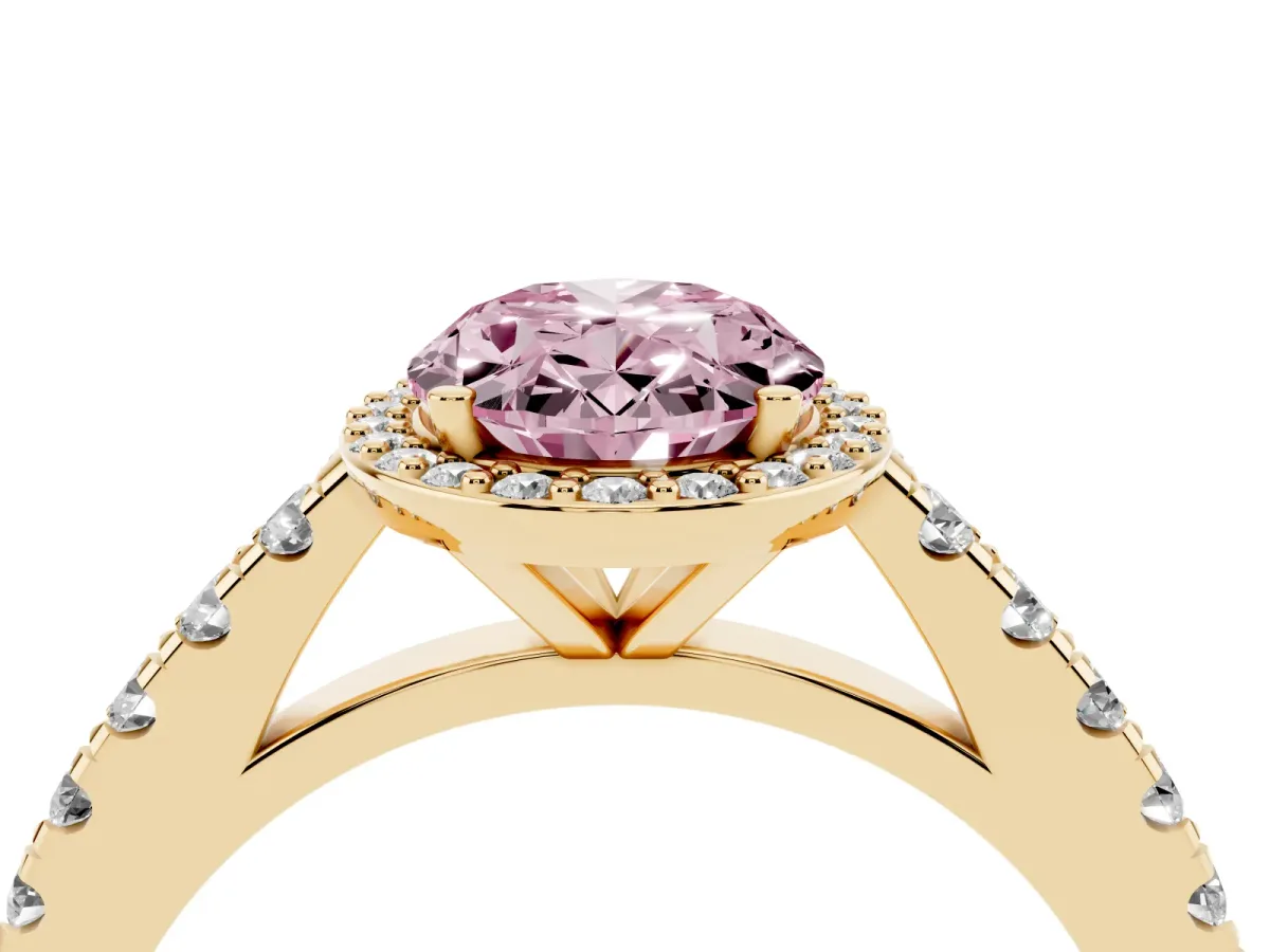 Fancy Pink Oval Cut Cut Halo Diamond Engagement Ring with Pave Band and Four-Prong Setting Yellow gold