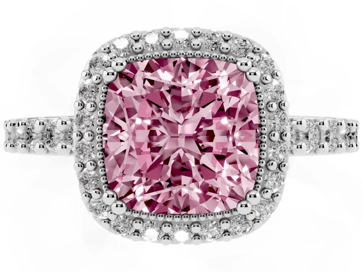 Fancy Pink Cushion Cut Cut Diamond Halo Engagement Ring with Milgrain Detail and Pavé Band Platinum