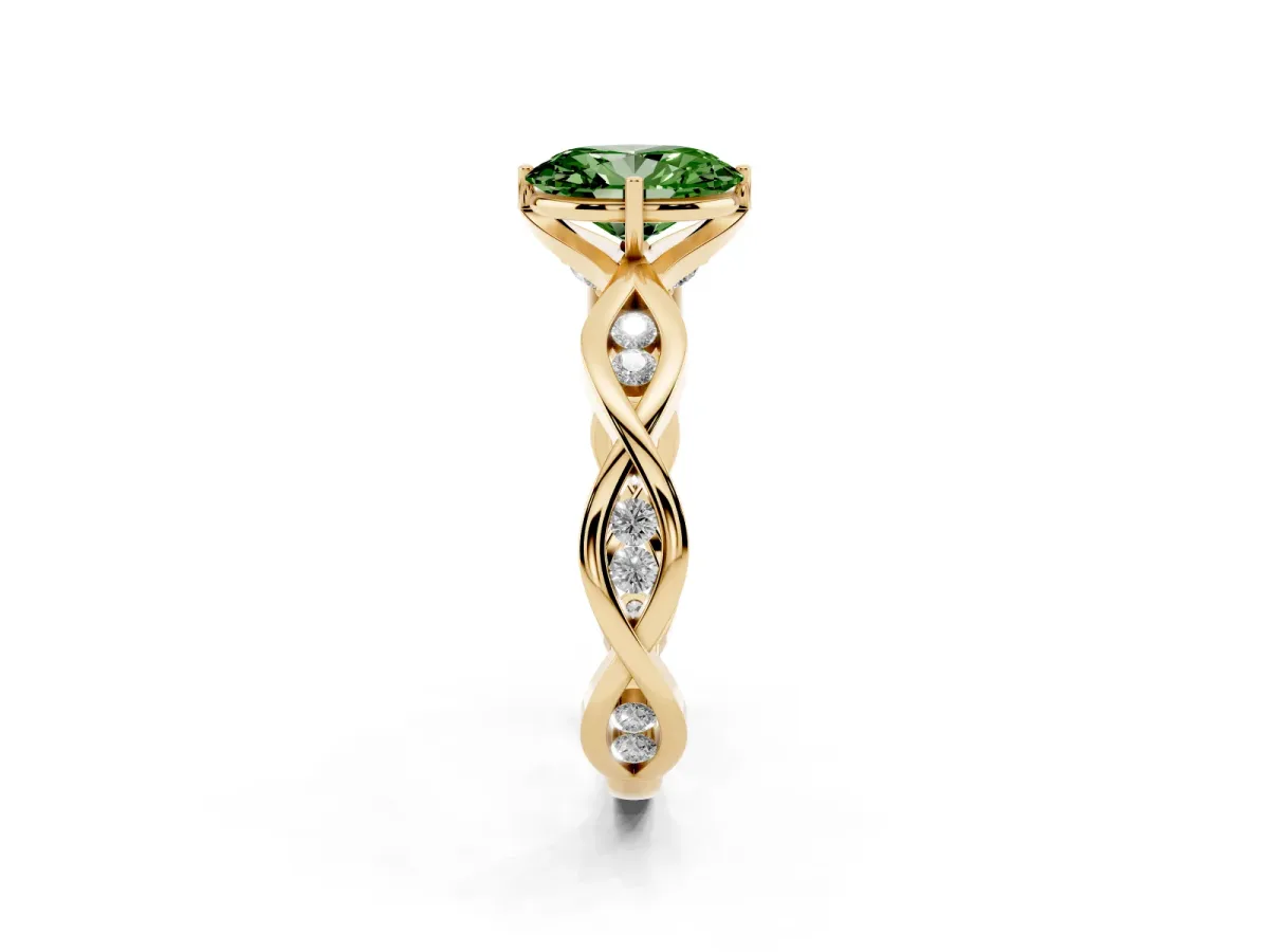 Fancy Green Oval Cut Solitaire Twist Band with Leaf Prong Setting Yellow gold