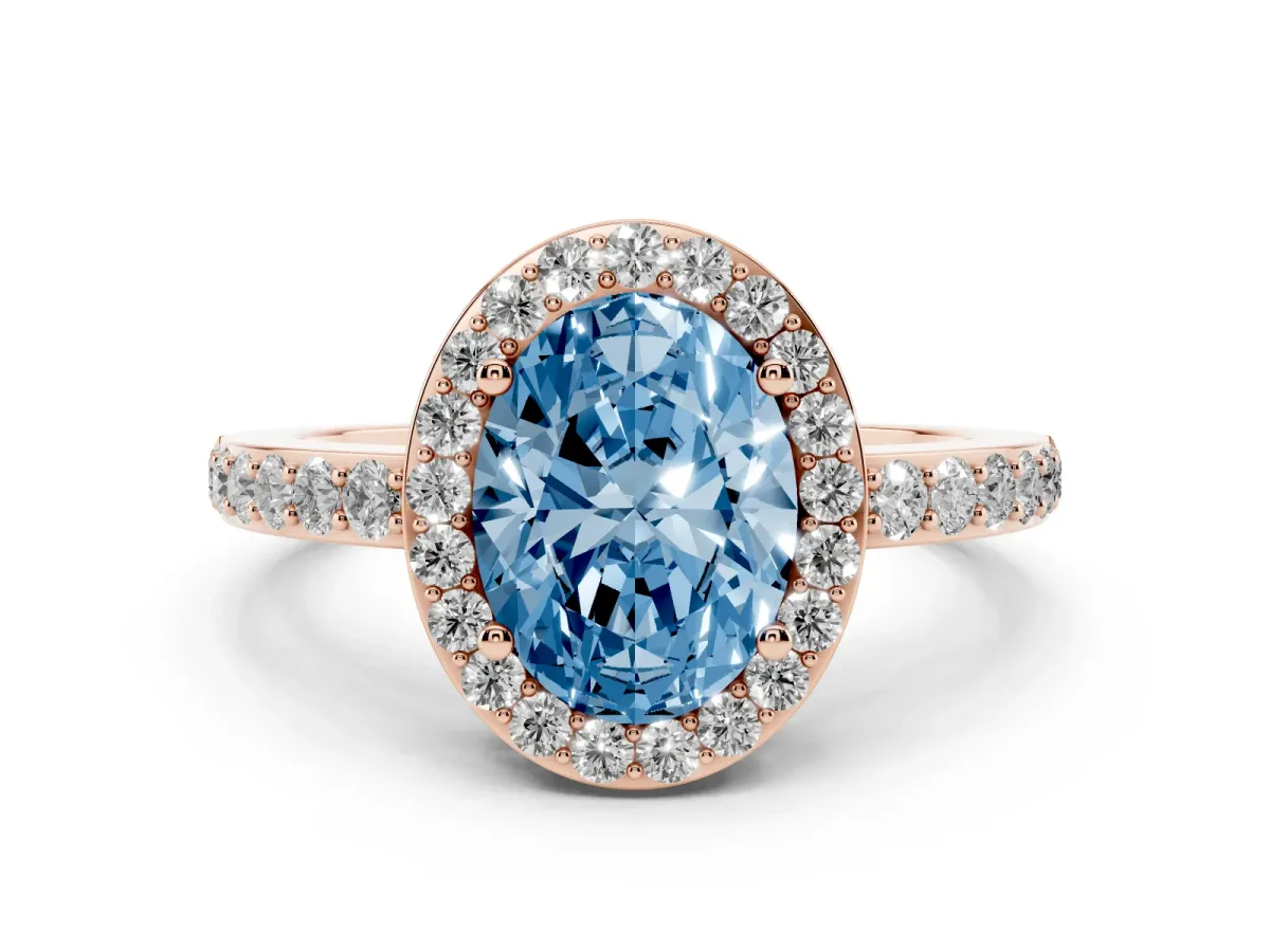 Fancy Blue Oval Cut Halo Diamond Pavé Band Ring with Prong Setting Rose gold