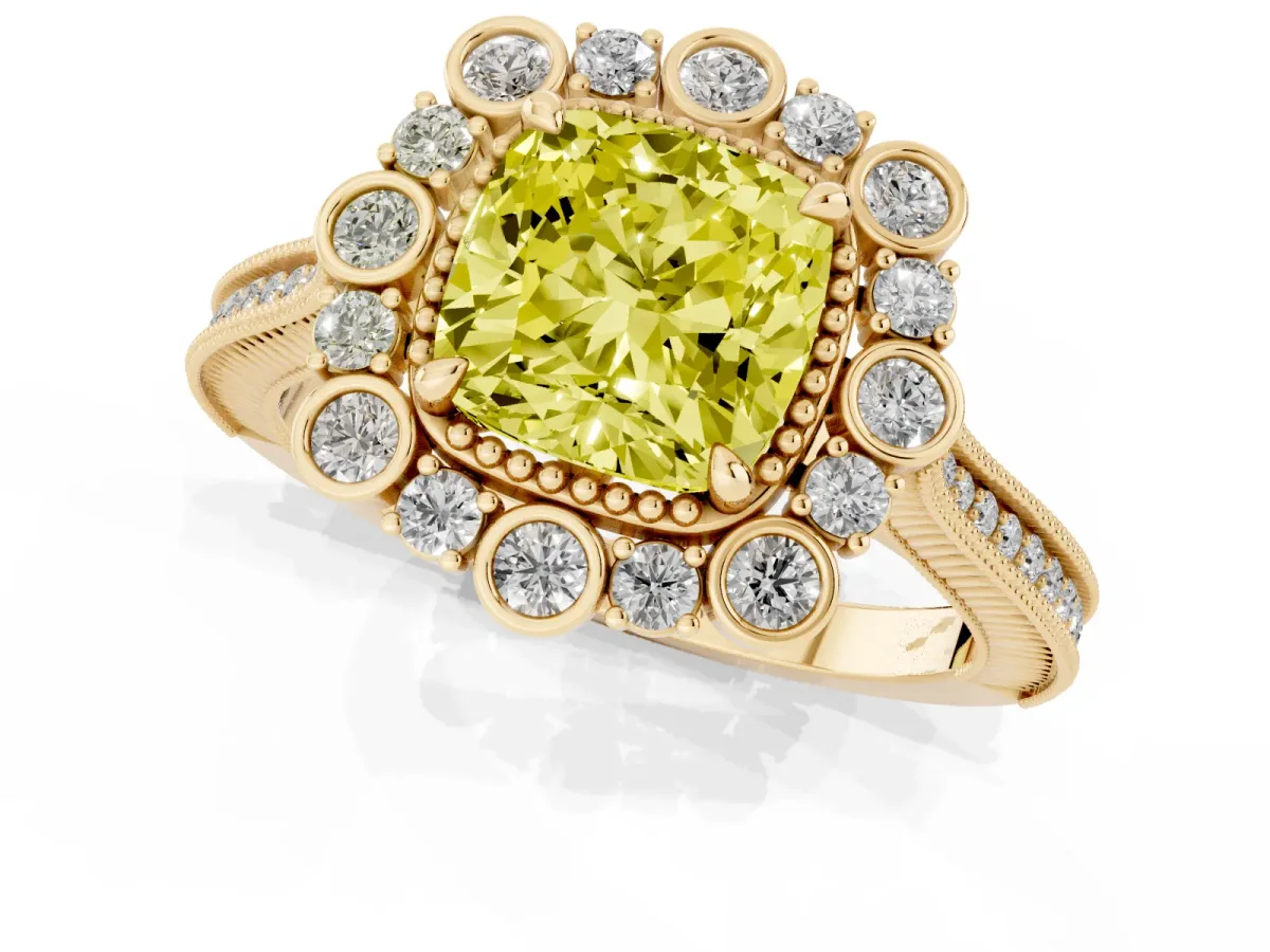 Fancy Yellow Cushion Cut Halo Milgrain Pave Diamond Ring with Four-Prong Setting Yellow gold