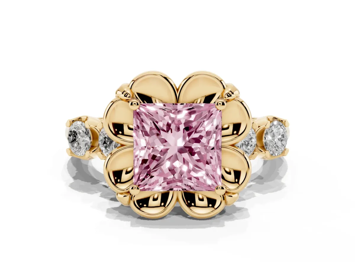 Fancy Pink Princess Cut Cut Diamond Floral Halo Engagement Ring with Shared Prong Setting Yellow gold