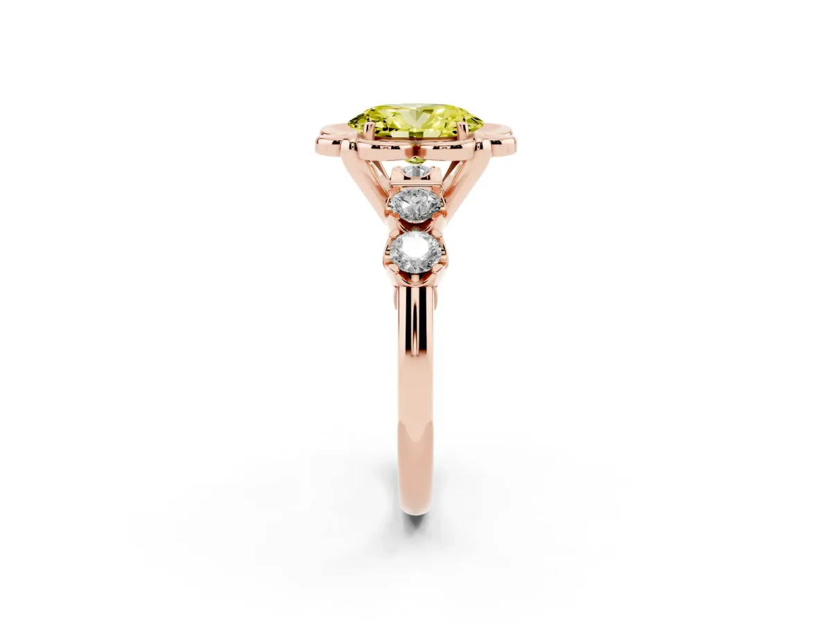 Fancy Yellow Oval Cut Cut Diamond Floral Halo Engagement Ring with Shared Prong Setting Rose gold