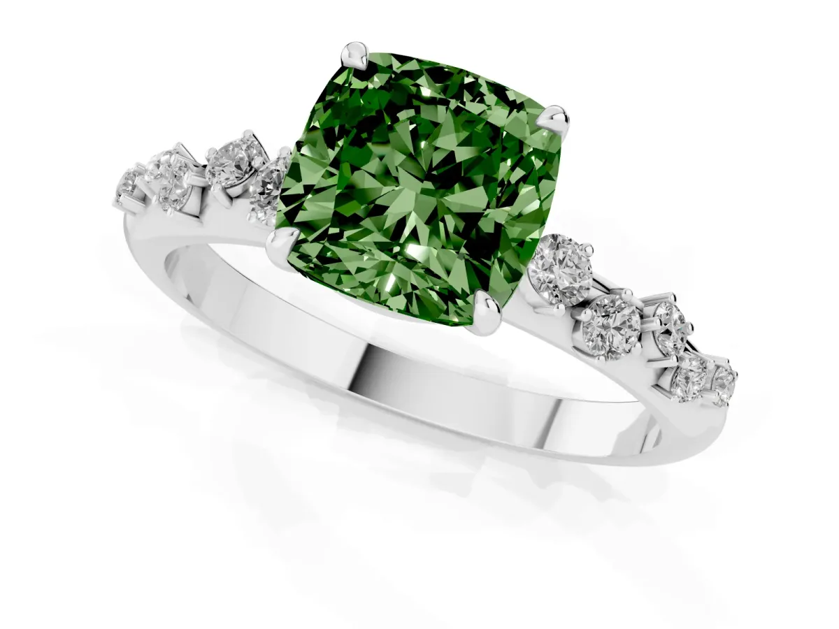 Fancy Green Cushion Cut Diamond Cluster Prong-Set Solitaire Ring Silver