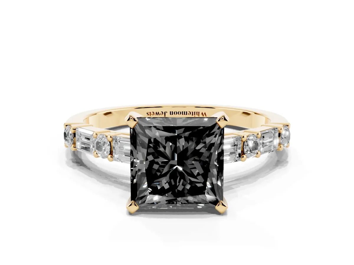 Fancy Black Princess Cut Diamond Solitaire with Side Baguettes and Channel Set Band Yellow gold