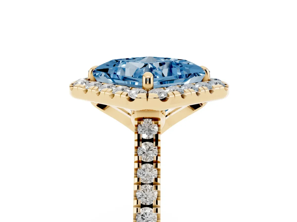 Fancy Blue Princess Cut Diamond Cushion Halo Ring with Pavé Band Yellow gold