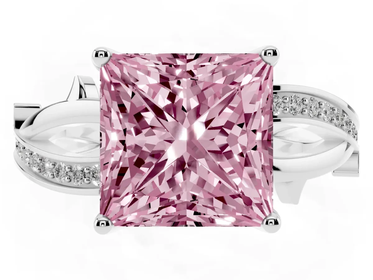 Fancy Pink Princess Cut Solitaire Twist Band with Pavé Accents and Four-Prong Setting White gold