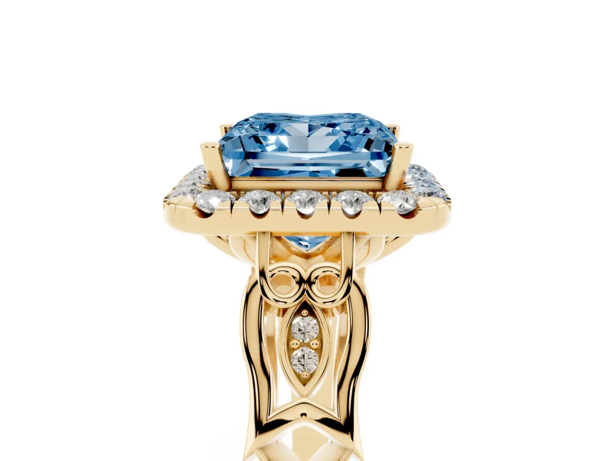 Fancy Blue Princess Cut Halo Diamond Engagement Ring with Filigree Band and Four-Prong Setting Yellow gold