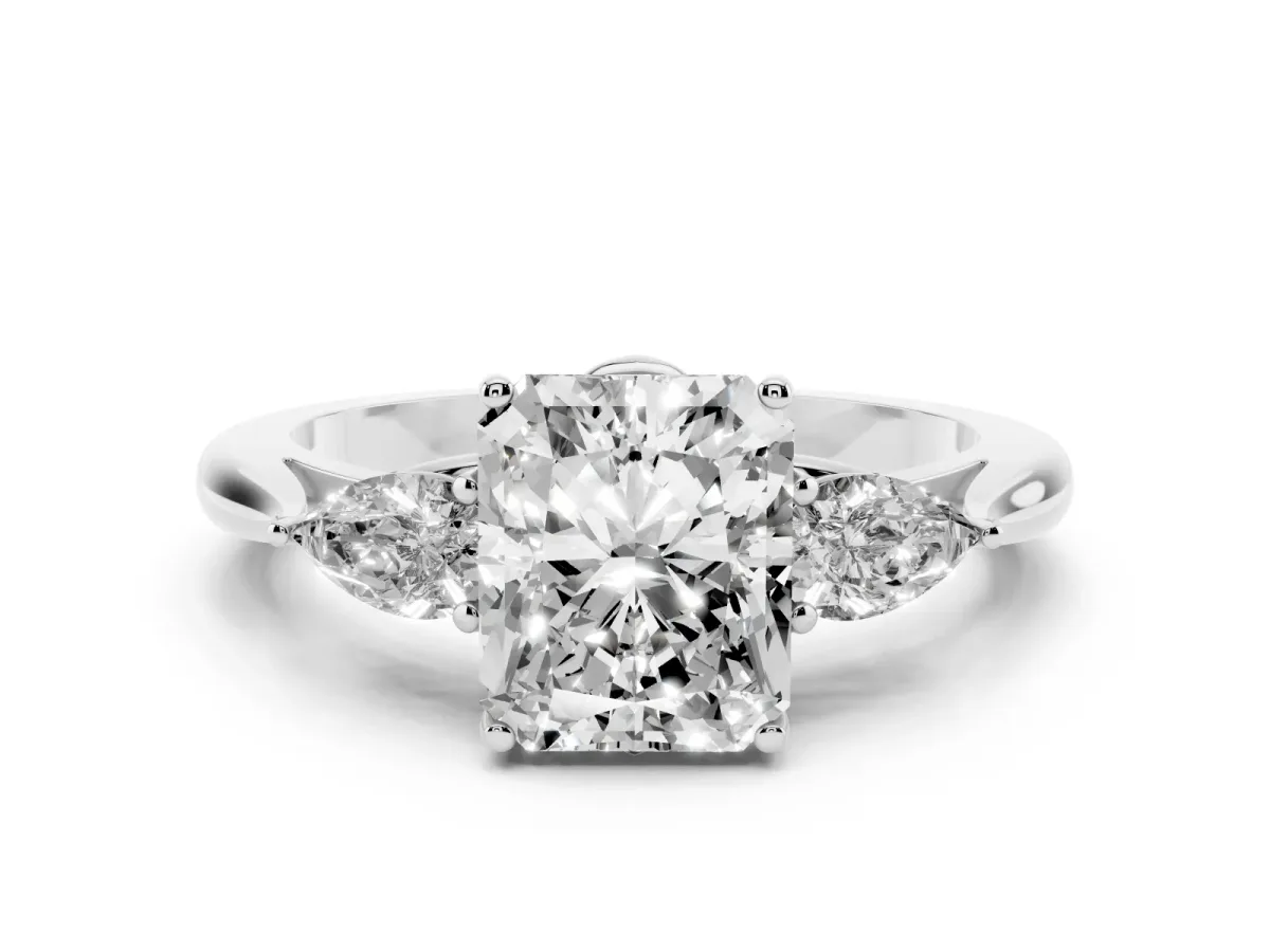 Radiant Cut Diamond Three-Stone Ring with Pear Side Stones and Prong Setting Platinum
