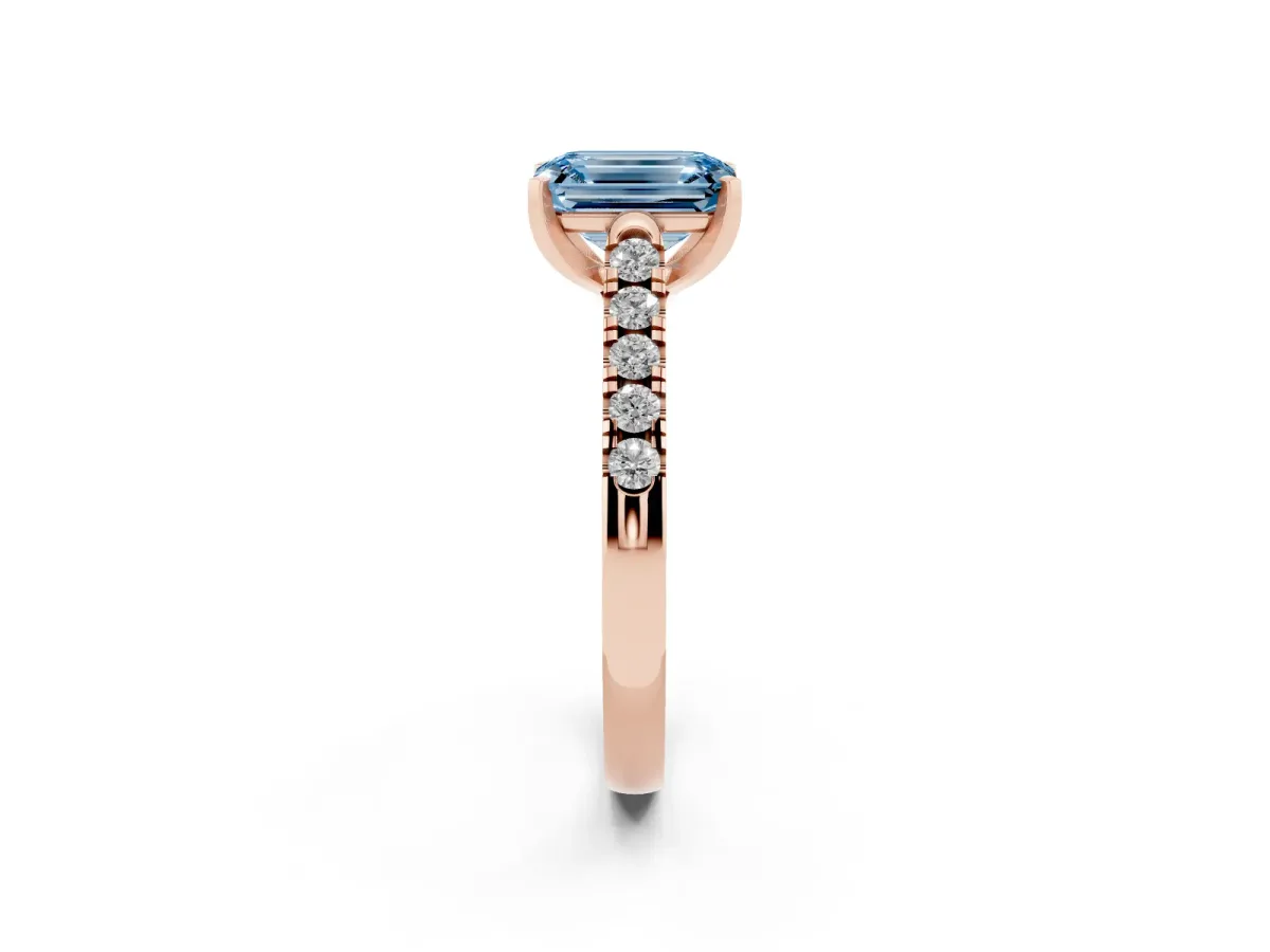 Fancy Blue Emerald Cut Diamond Pavé Band Solitaire Ring with Prong Setting Rose gold