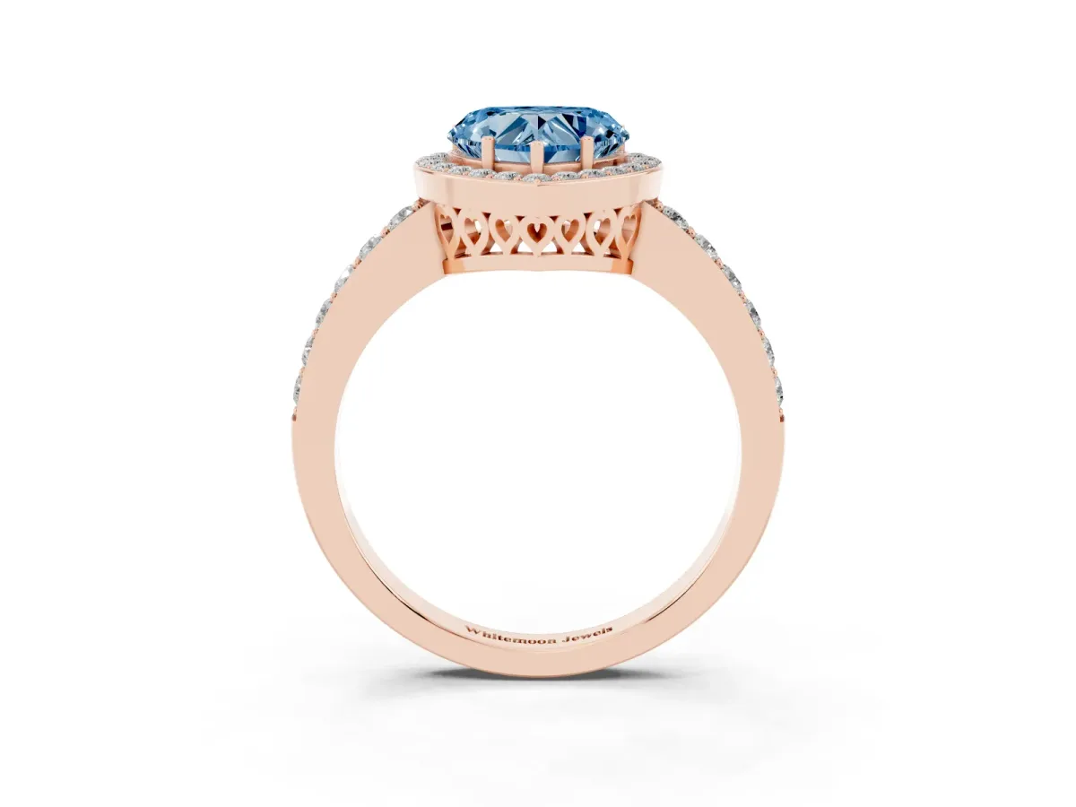 Fancy Blue Heart Cut Halo Diamond Pavé Band Ring with Prong Setting Rose gold