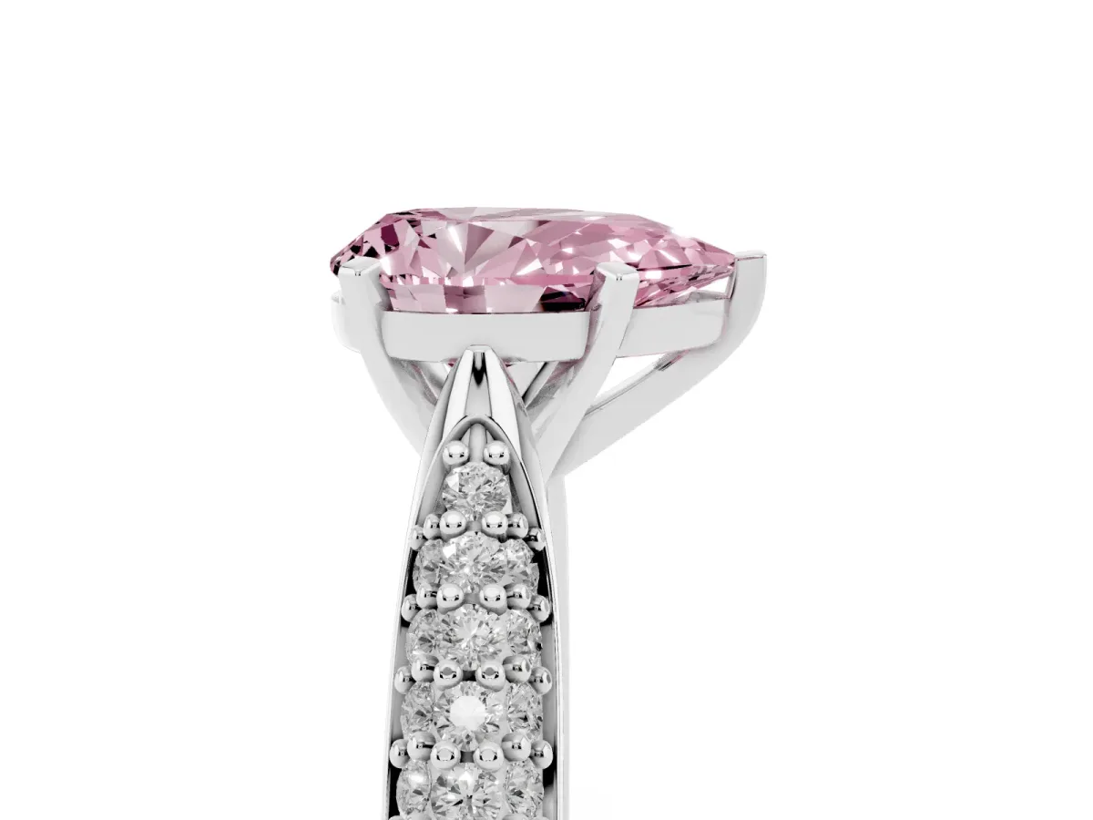 Fancy Pink Pear Cut Diamond Solitaire Engagement Ring with Multi-Row Round Pavé Band and Prong Setting Silver