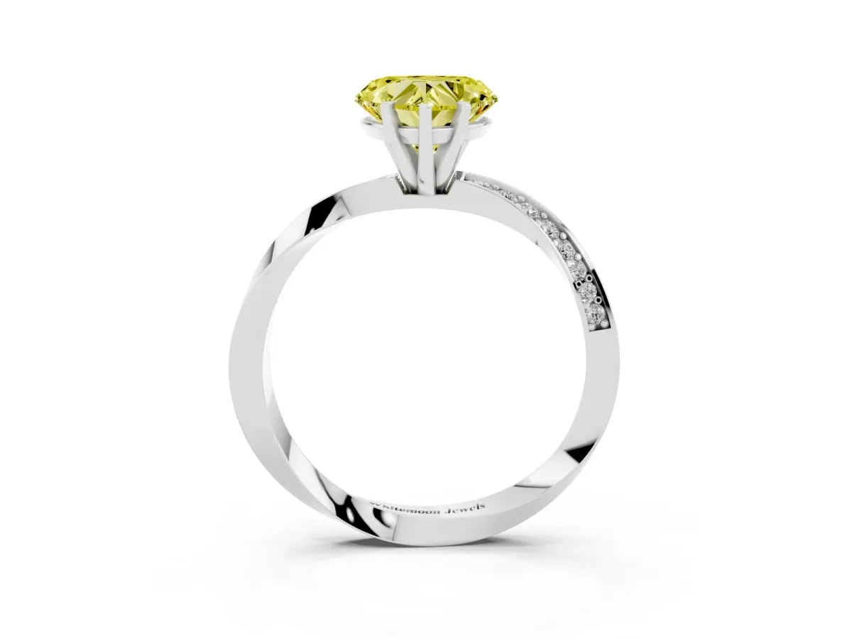 Fancy Yellow Heart Cut Diamond Engagement Ring with Side Stone Accents and Four-Prong Setting Silver