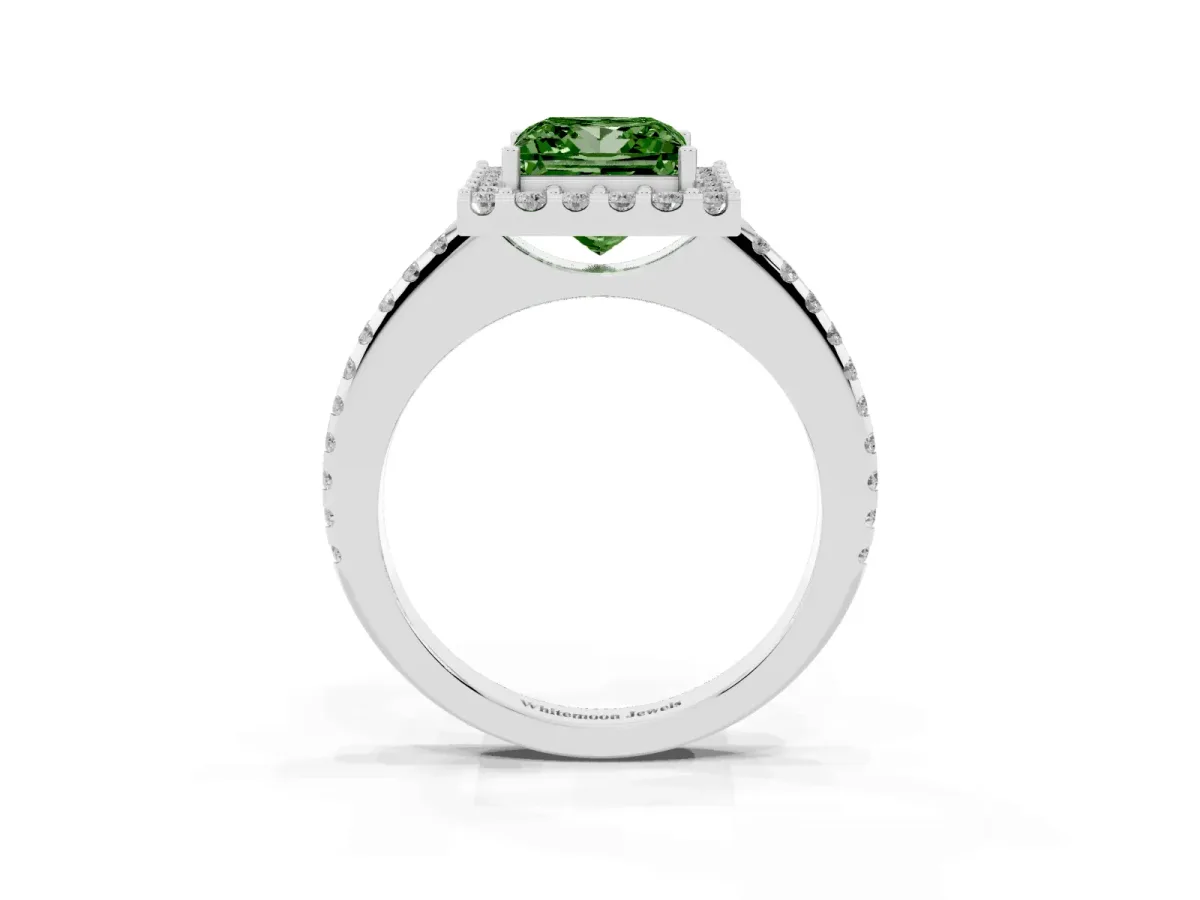 Fancy Green Princess Cut Diamond Pavé Halo Ring with Four-Prong Setting Silver