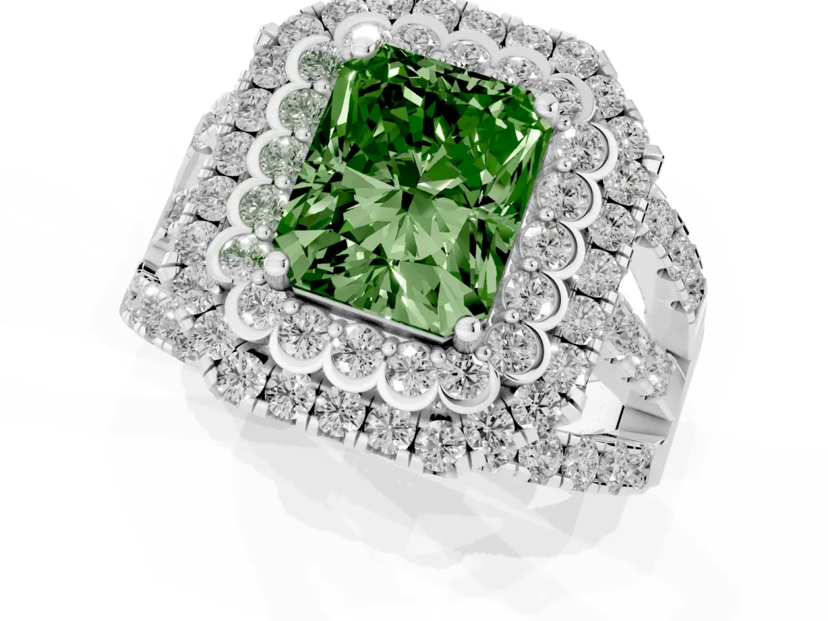 Fancy Green Radiant Cut Diamond Double Halo Ring with Round Pavé Split Shank and Prong Setting Silver