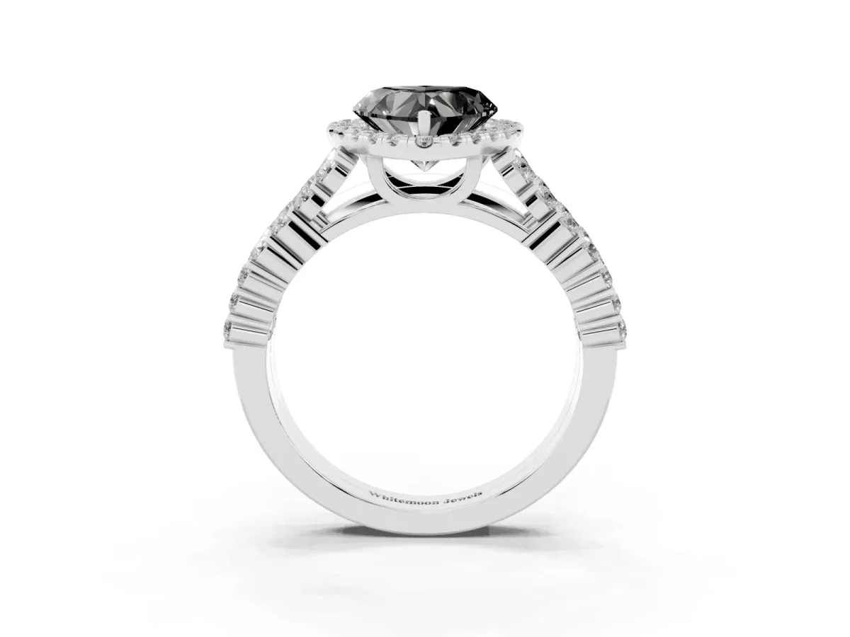 Fancy Black Heart Cut Diamond Halo Engagement Ring with Triple Row Round Pavé Band and Prong Setting Silver