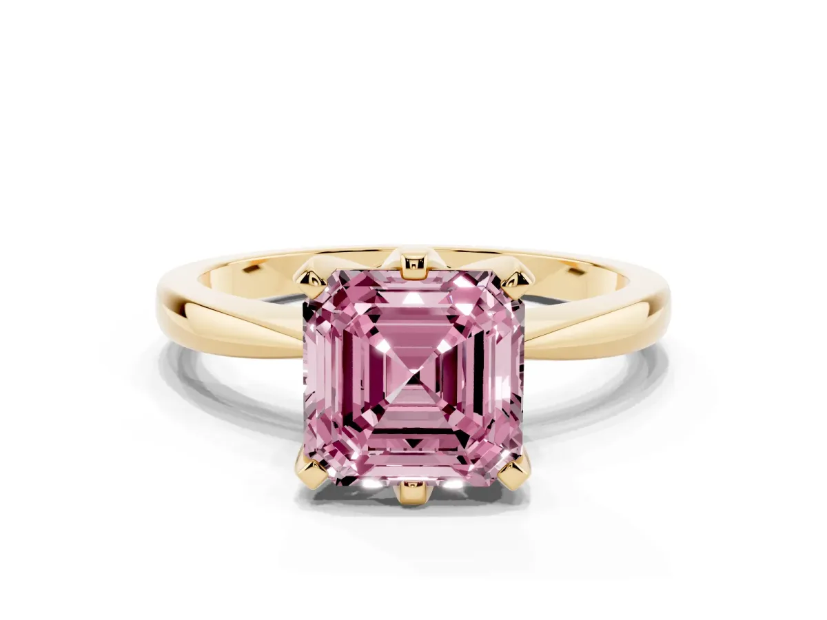Fancy Pink Asscher Cut Solitaire Engagement Ring with Six-Prong Setting and Tapered Band Yellow gold