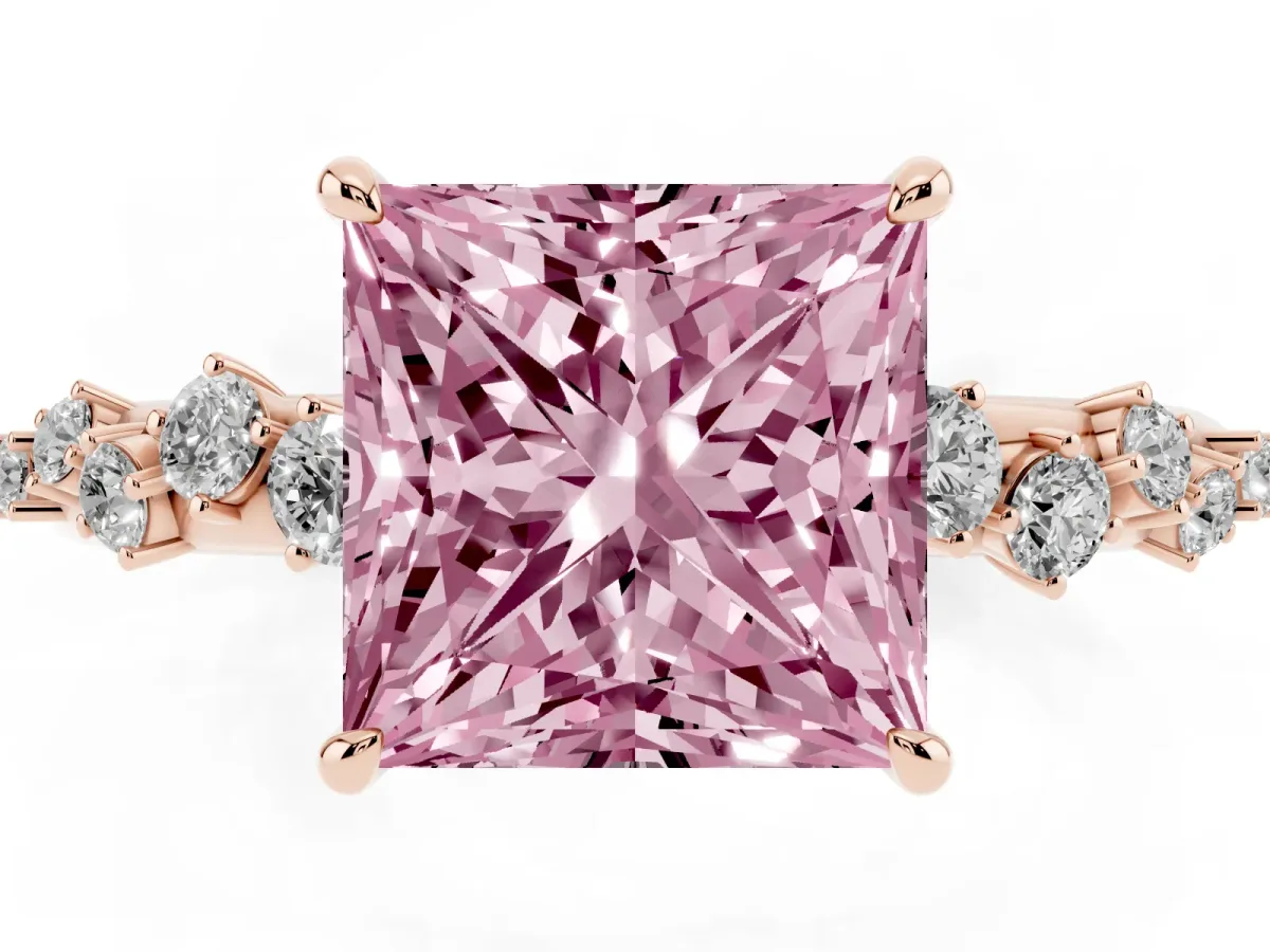 Fancy Pink Princess Cut Diamond Cluster Prong-Set Solitaire Ring Rose gold
