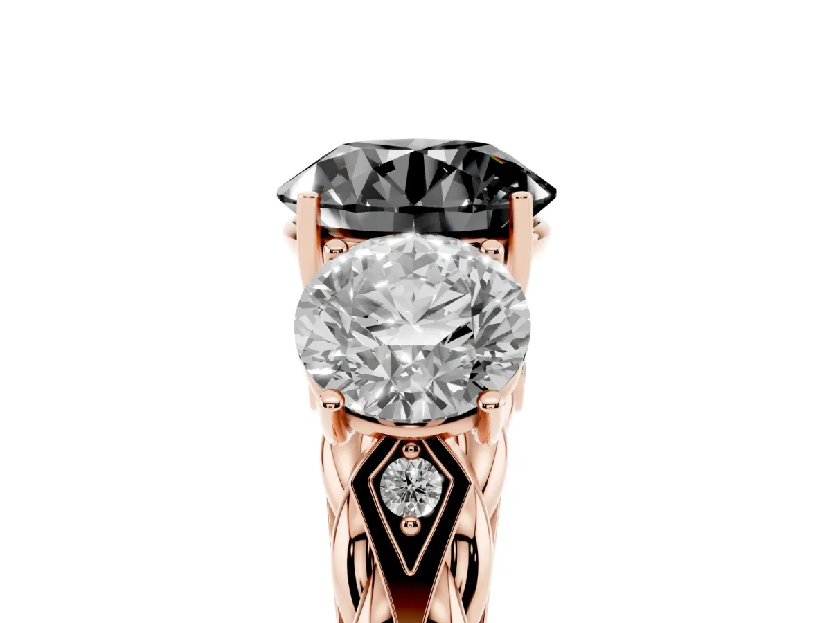 Fancy Black Three-Stone Round Cut Diamond Braided Band Ring with Four-Prong Setting Rose gold