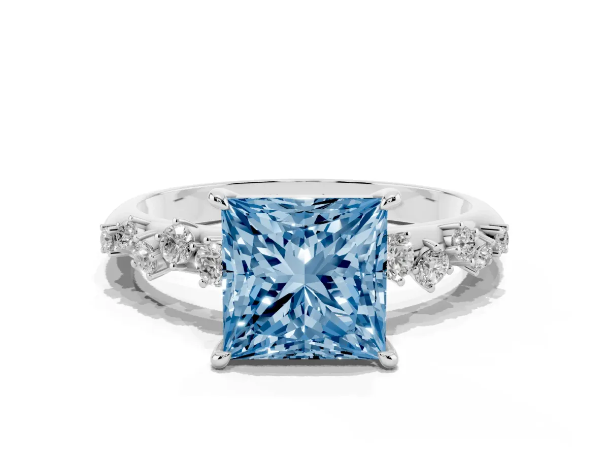 Fancy Blue Princess Cut Diamond Cluster Side Stone Solitaire Ring with Prong Setting Silver