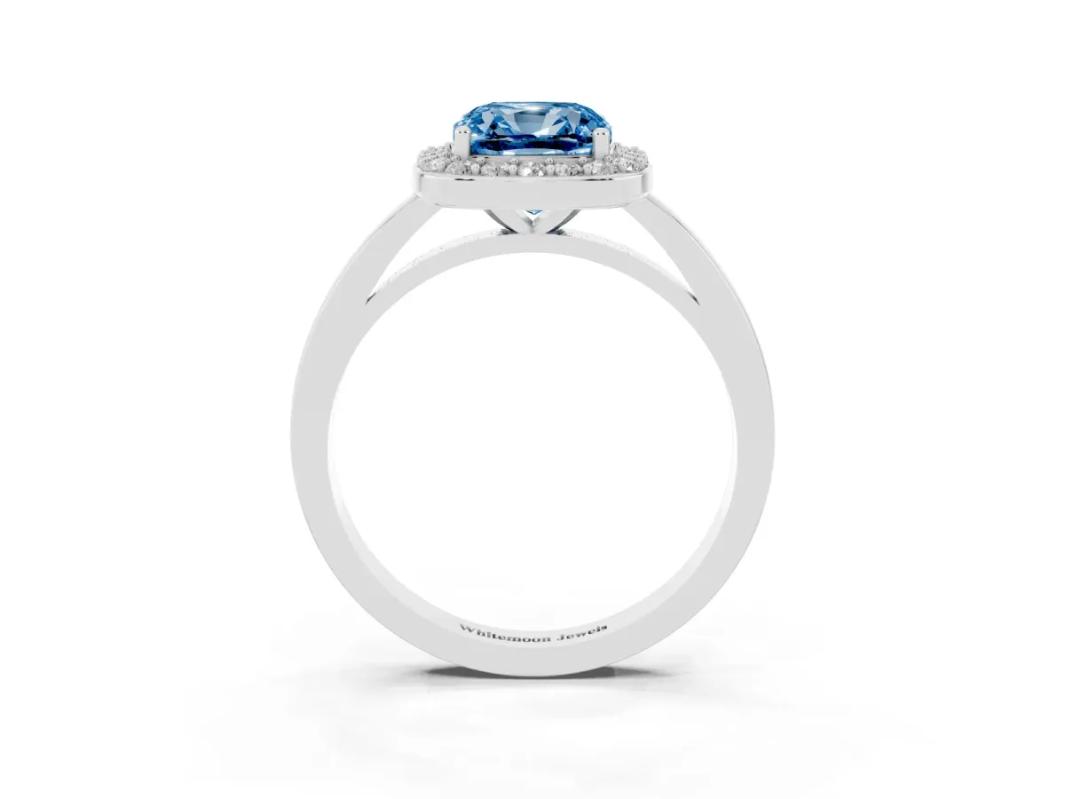Fancy Blue Cushion Cut Halo Diamond Ring with Solitaire Band and Prong Setting Silver