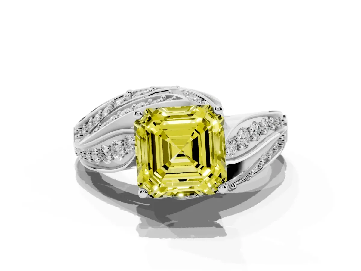 Fancy Yellow Asscher Cut Diamond Solitaire Ring with Prong Setting and Twisted Pavé Band Silver