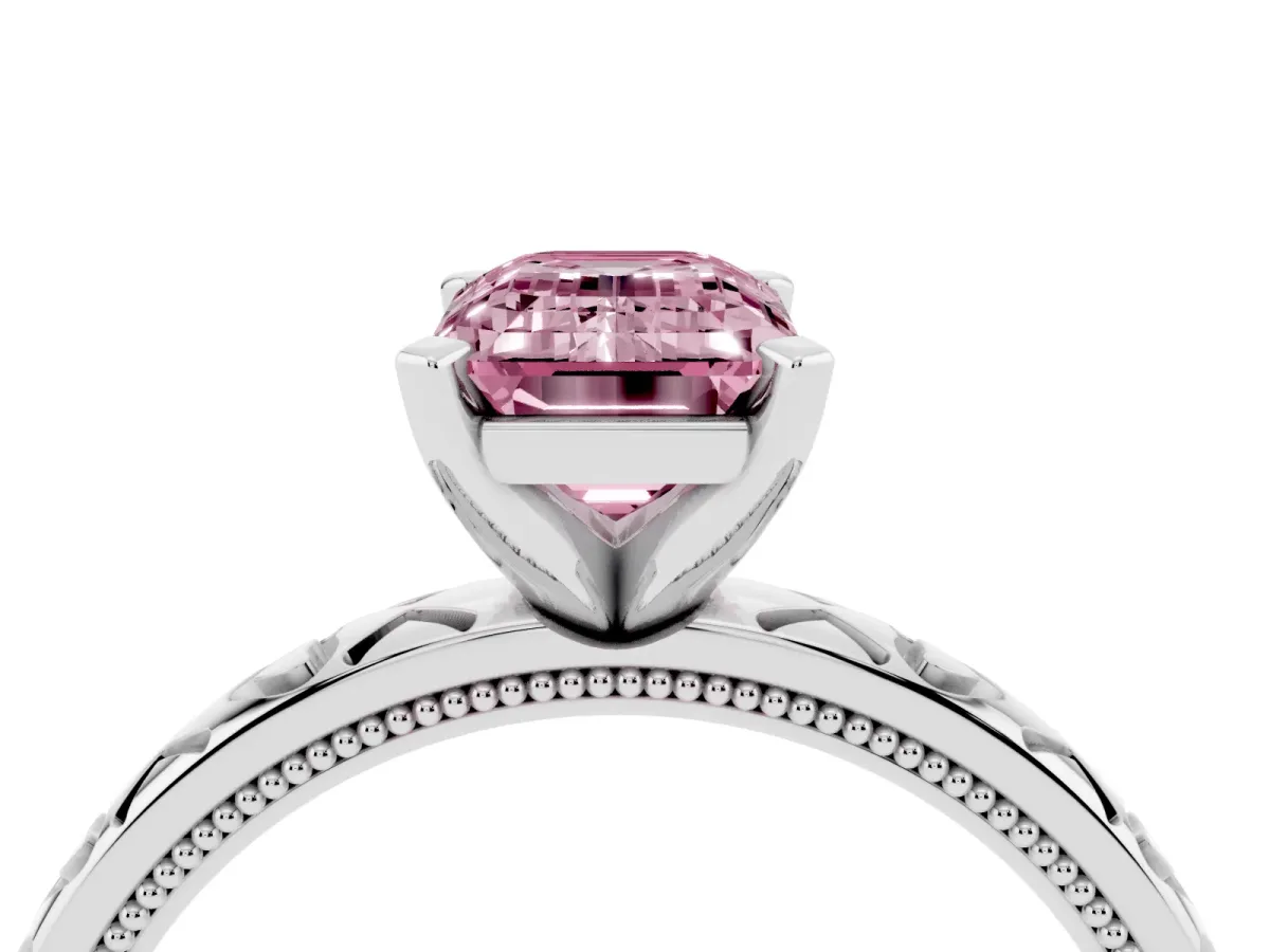 Fancy Pink Emerald Cut Solitaire Diamond Engagement Ring with XO Engraved Band and Four-Prong Setting Silver