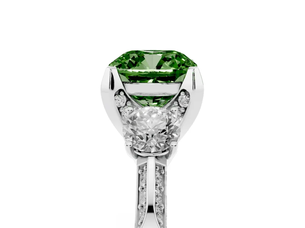 Fancy Green Cushion Cut Brilliant Three-Stone Diamond Ring with Pavé Band and Four-Prong Setting Silver