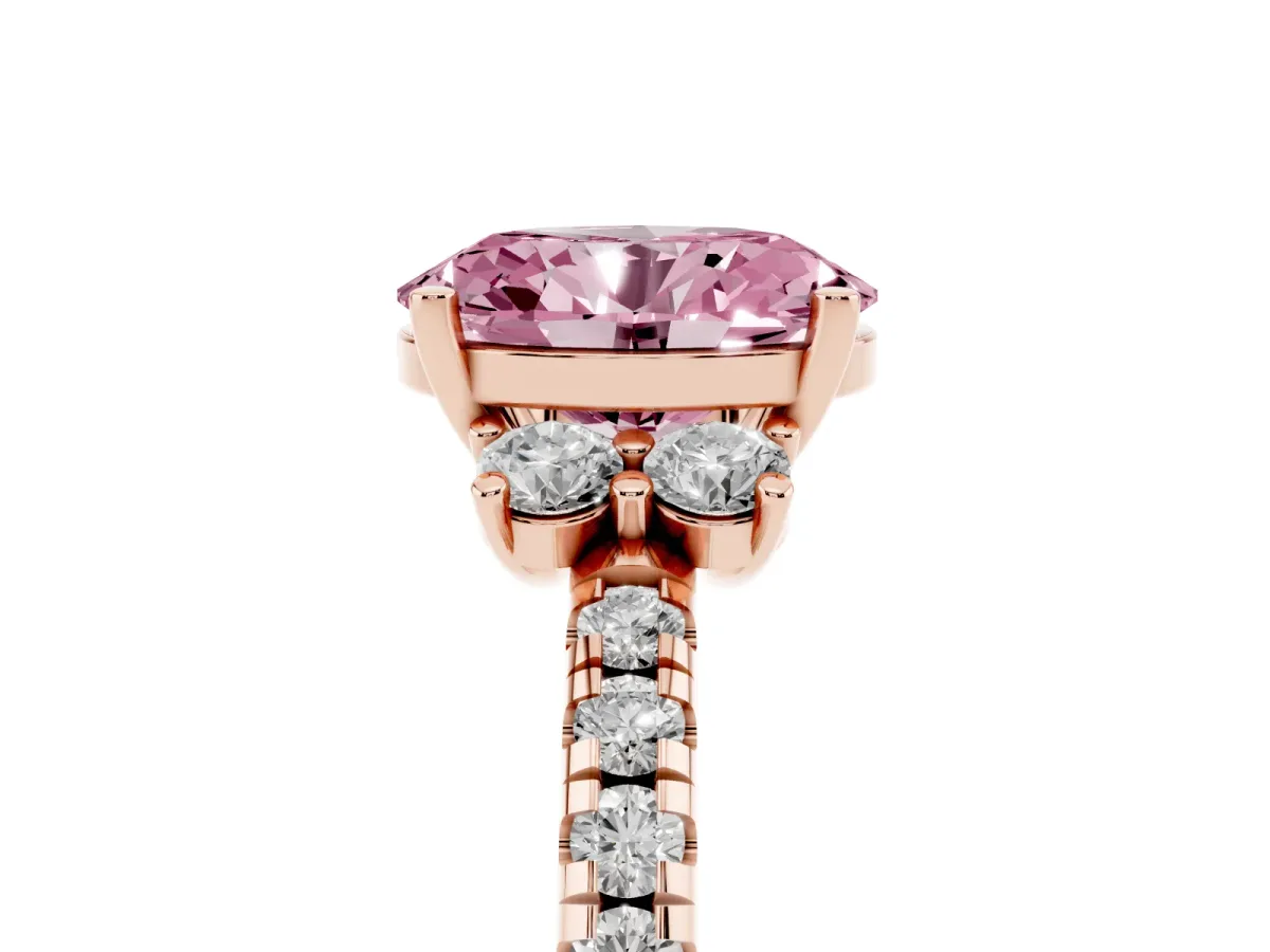 Fancy Pink Oval Cut Diamond Three-Stone Pave Band with Four-Prong Setting Rose gold