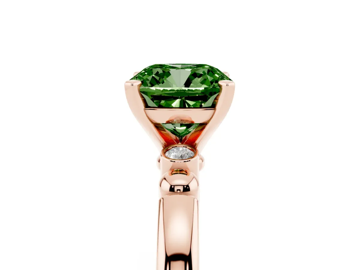 Fancy Green Cushion Cut Solitaire Beaded Band with Four-Prong Setting Rose gold