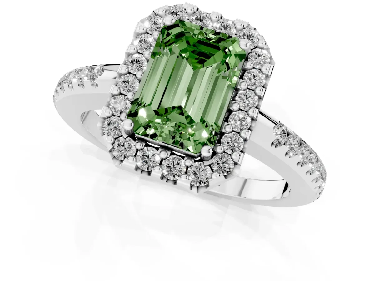 Fancy Green Emerald Cut Diamond Pavé Halo Ring with Four-Prong Setting Silver