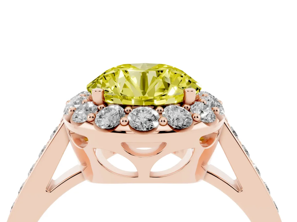 Fancy Yellow Round Cut Diamond Floral Halo Ring with Pavé Band and Prong Setting Rose gold