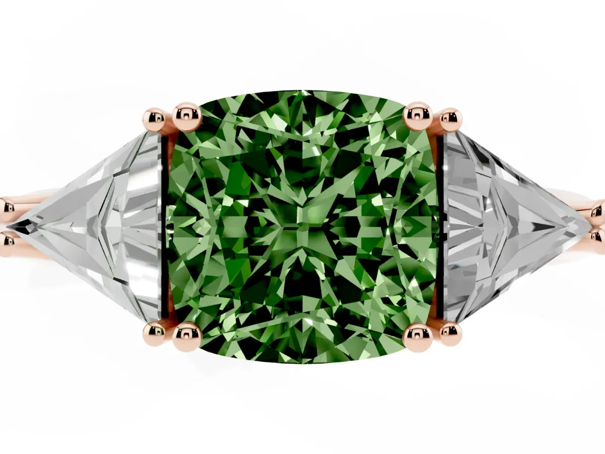 Fancy Green Three-Stone Cushion Cut Diamond Engagement Ring with Trillion Side Stones and Prong Setting Rose gold
