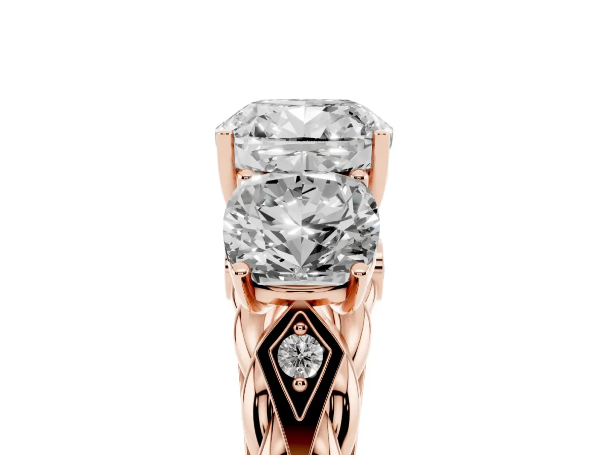 Three-Stone Cushion Cut Diamond Braided Band Ring with Four-Prong Setting Rose gold