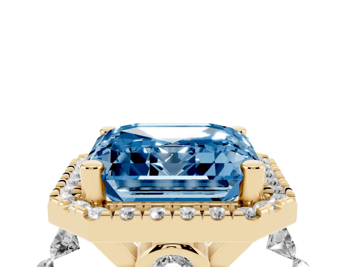 Fancy Blue Asscher Cut Halo Pavé Diamond Engagement Ring with Four-Prong Setting Yellow gold