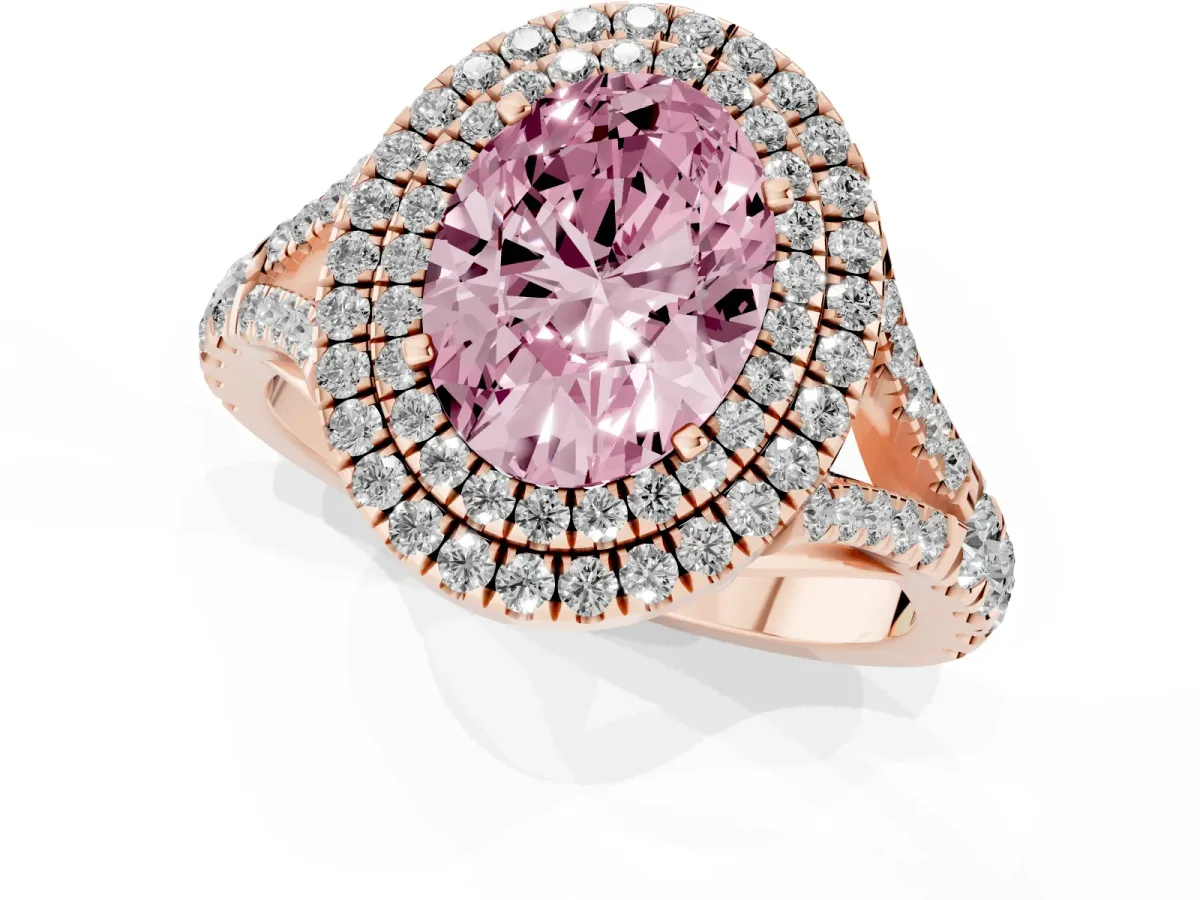 Fancy Pink Double Halo Oval Cut Diamond Split Shank Engagement Ring with Four-Prong Setting Rose gold